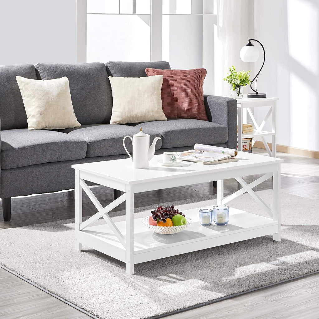 Topeakmart Modern Wood 3-Piece Table Set - Includes 1 Coffee Table w/Shelf & 2 x 3-Tier X Shape Sofa Side End Tables, Living Room Accent Furniture, White