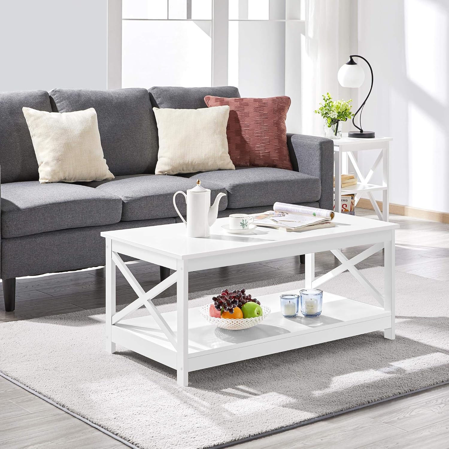 Topeakmart Modern Wood 3-Piece Table Set - Includes 1 Coffee Table w/Shelf & 2 x 3-Tier X Shape Sofa Side End Tables, Living Room Accent Furniture, White