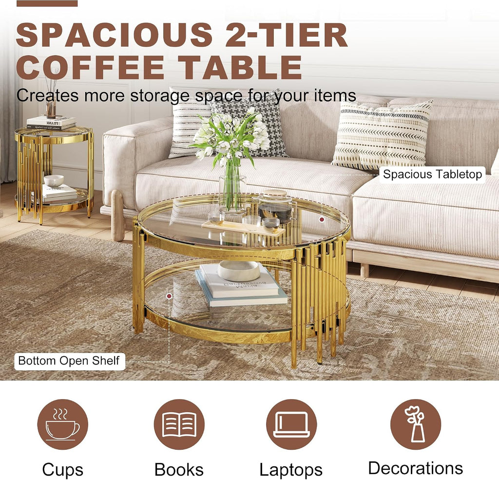 3 Piece Living Room Table Set with 1 Glass Coffee Table and 2 End Tables, 2 Tier Glass Coffee Table Set of 3 with Round Stainless Steel Legs and Tempered Glass Top, Gold/Clear
