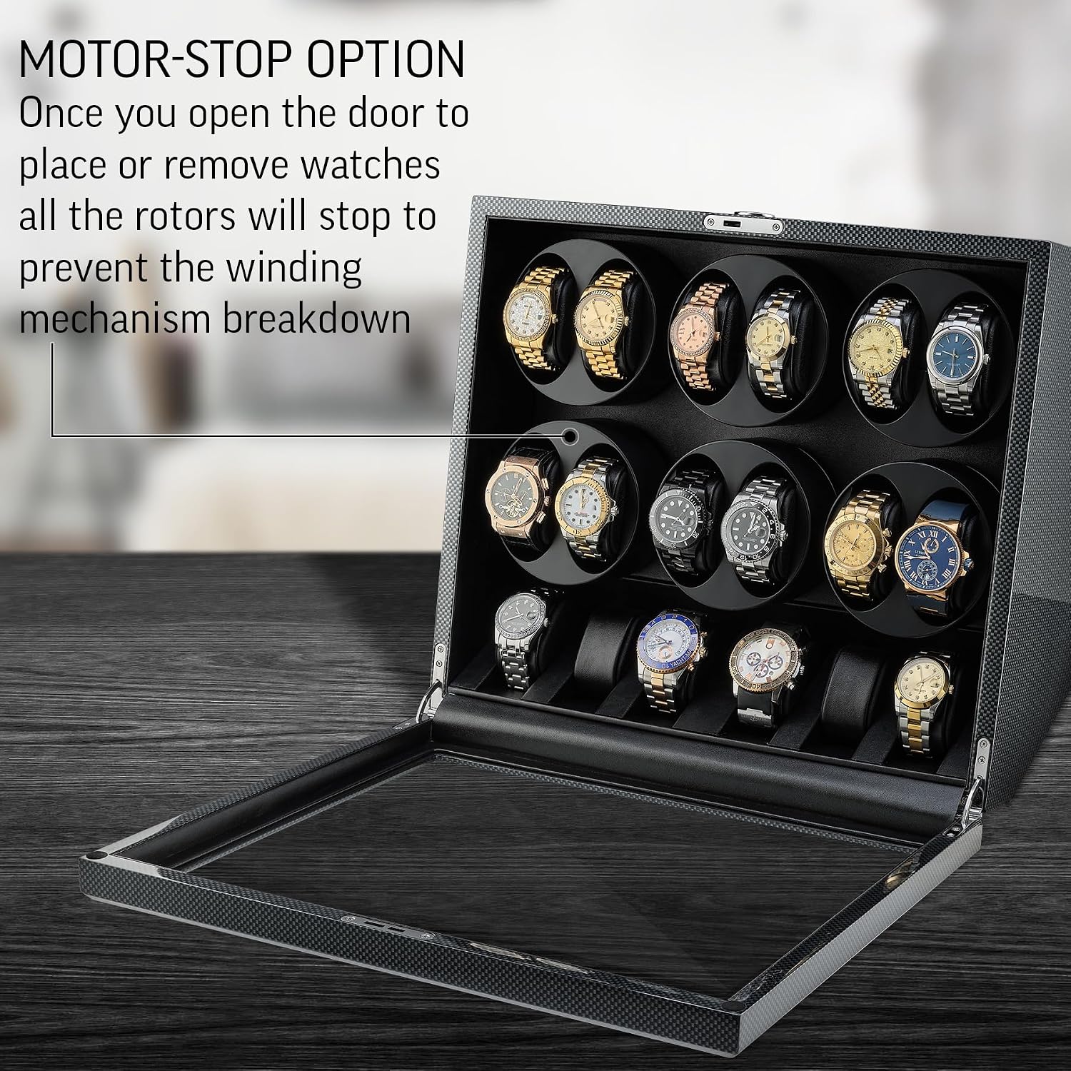 TIMECUBE 12 Watch Winder with 6 Storage Slots, LED Light and Automatic Motor-Stop