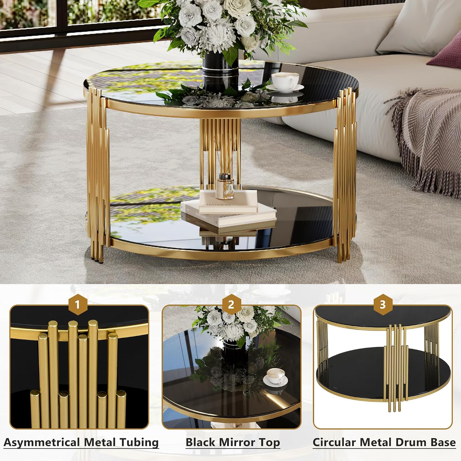31.5'' Tempered Glass Round Coffee Table for Living Room, 2-Tier Modern Circle Coffee Table, Black Mirror Tabletop & Metal Drum Base, Easy Assembly, Black & Gold