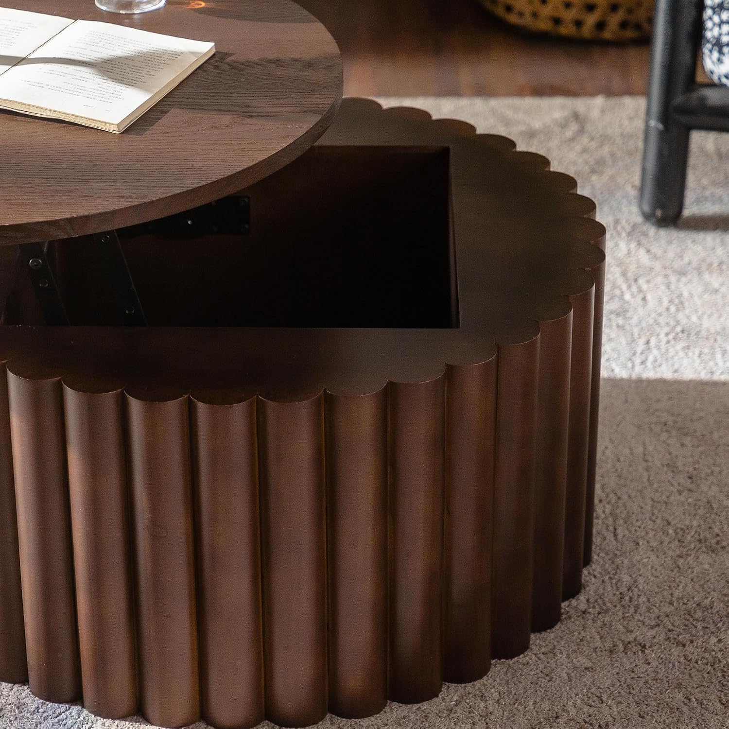 ø27.55'' Round Lift Top Coffee Table with Hidden Storage Space, Modern Drum Handcraft Wood Fluted Coffee Table for Living Room, No, Assembly, Walnut