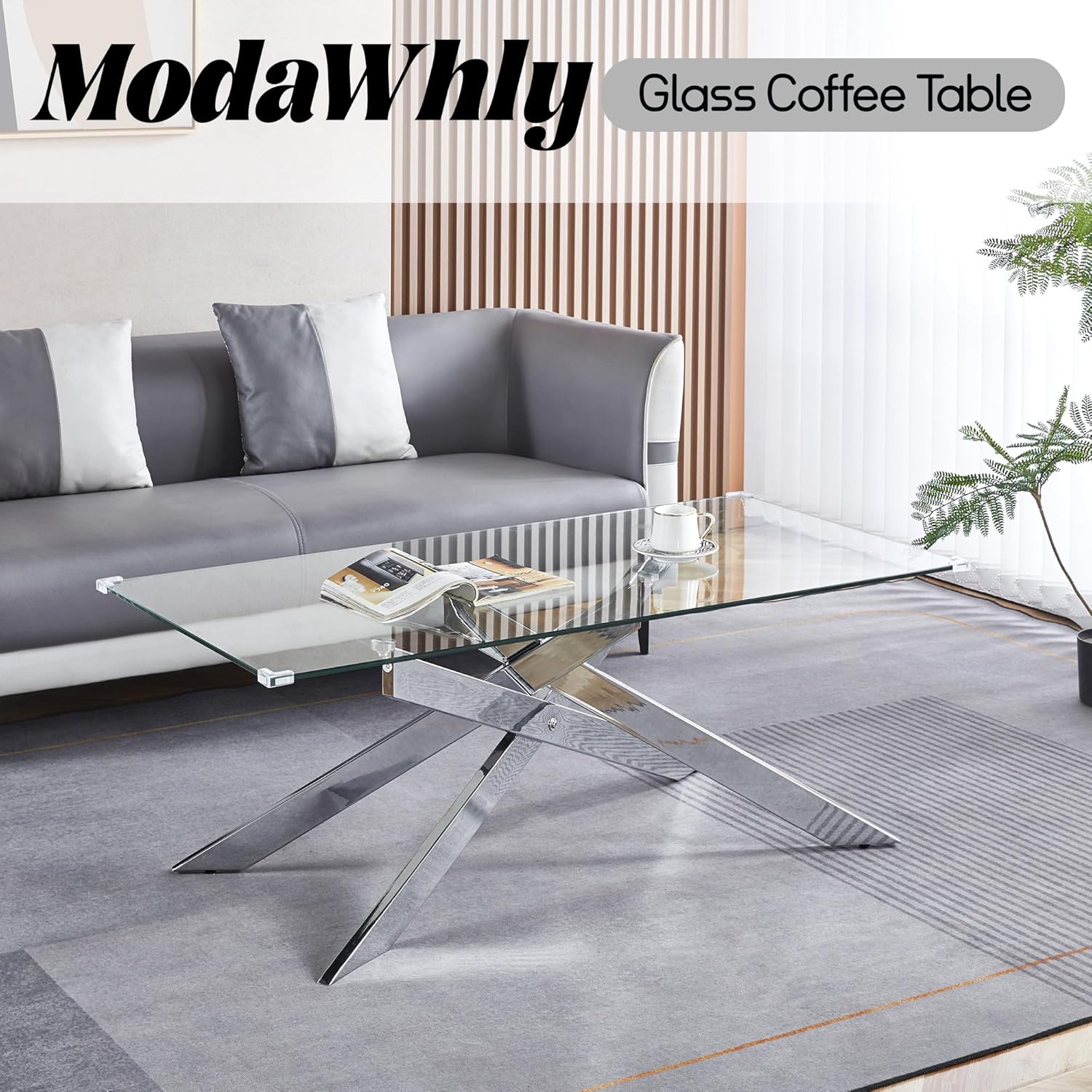 47 Inch Glass Coffee Table, Modern Rectangle Center Table with Clear Tempered Glass Top and Silver Metal Legs for Living Room, Apartment, Office, Easy to Clean