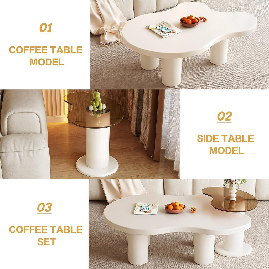 Nesting Coffee Table Set of 2, Modern Irregular Coffee Table & Tempered Glass End Table for Living Room, Unique Funky Center Table Set for Small Spaces, Easy Assembly, White