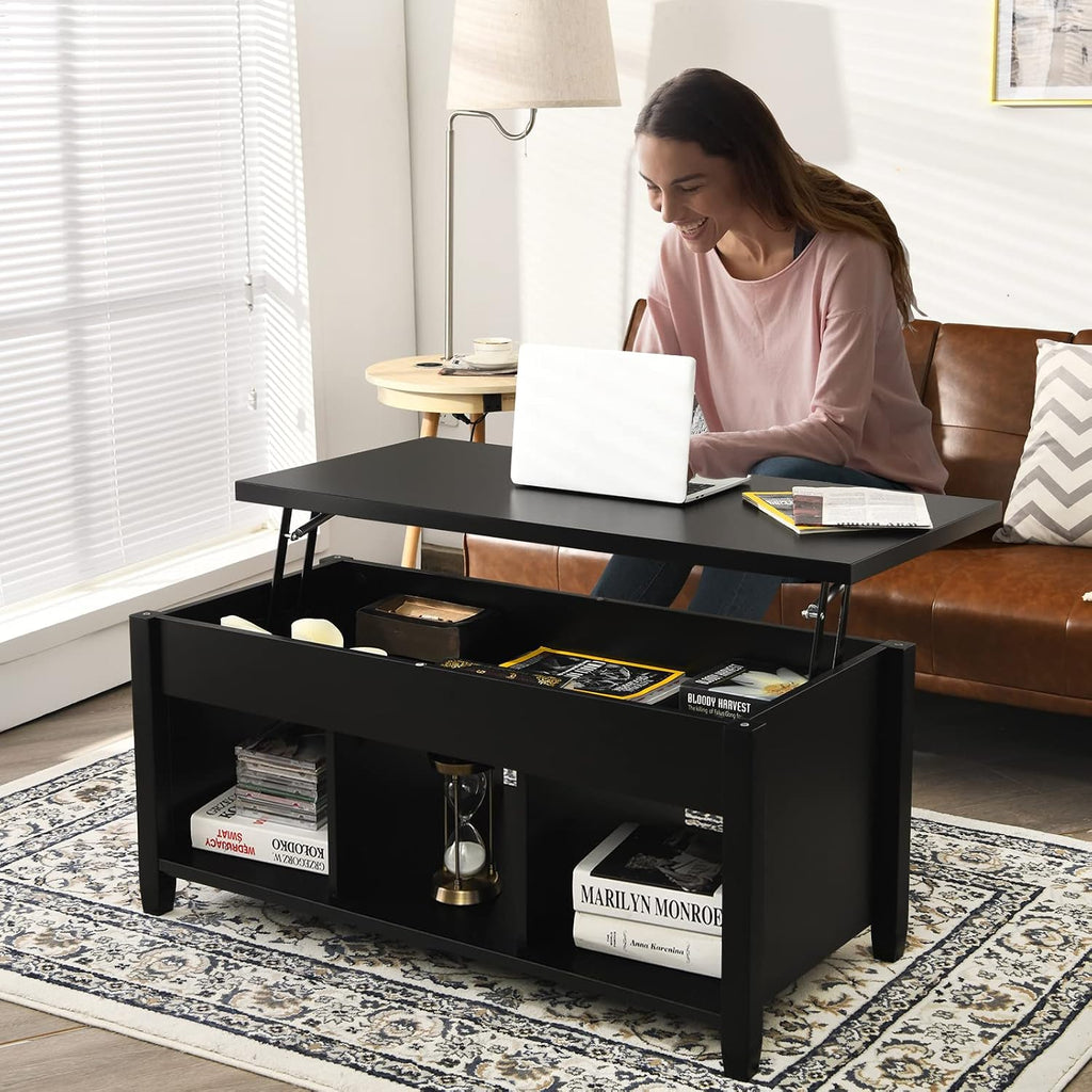 COSTWAY Lift Top Coffee Table, with Hidden Storage Compartment & 3 Open Shelves, Rectangular Cocktail Tea Table with Solid Wood Legs for Living Room Reception Room (Black)