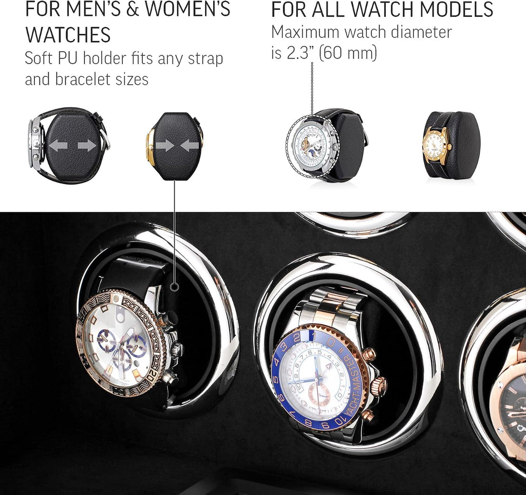 Watch Winder for 6 Watches with LED Light, LCD Display and Motor-Stop Option
