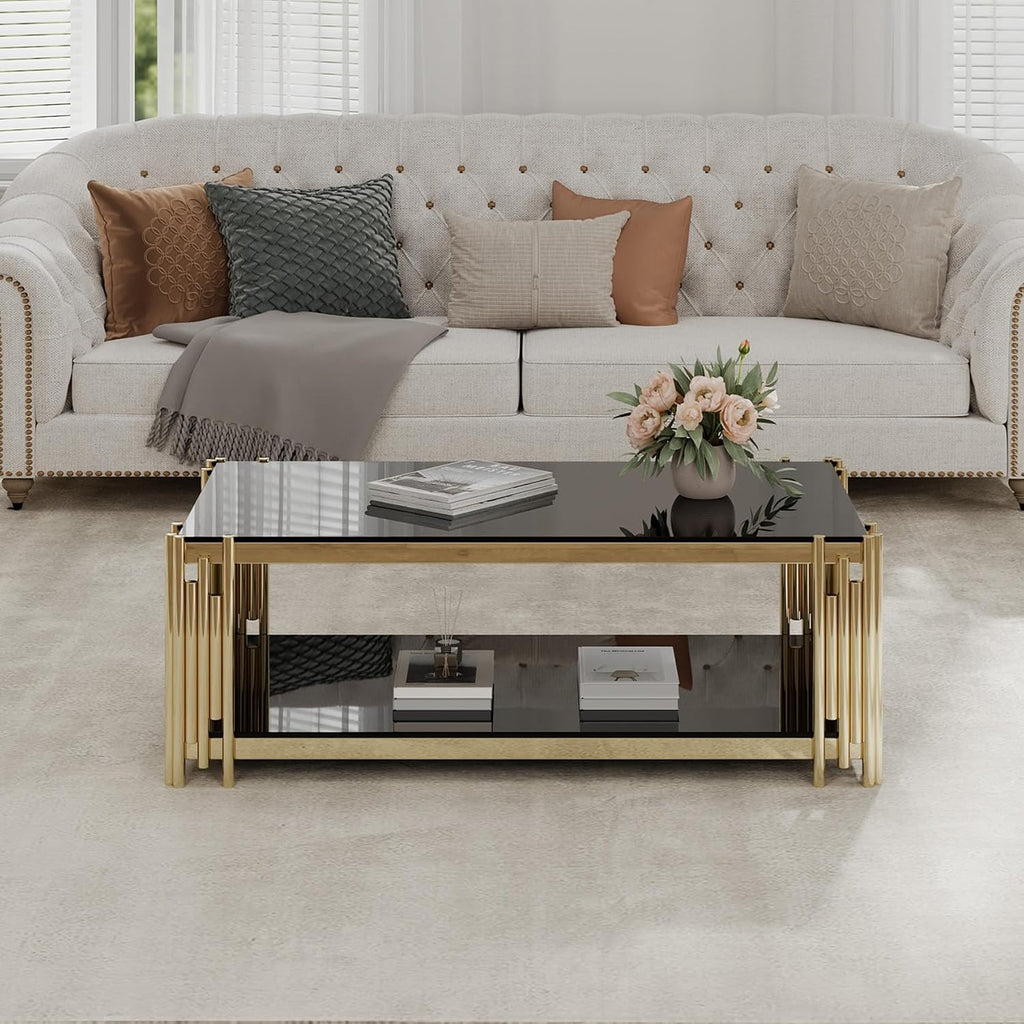 SSLine Black Glass Coffee Table with Gold Stainless Steel Frame Luxury Rectangle 2-Tier Coffee Table for Living Room Modern Elegant Cocktail Center Table with Storage Shelves for Home Office