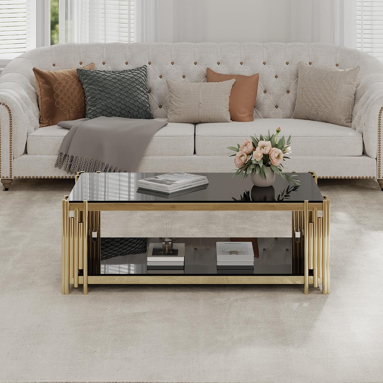 SSLine Black Glass Coffee Table with Gold Stainless Steel Frame Luxury Rectangle 2-Tier Coffee Table for Living Room Modern Elegant Cocktail Center Table with Storage Shelves for Home Office