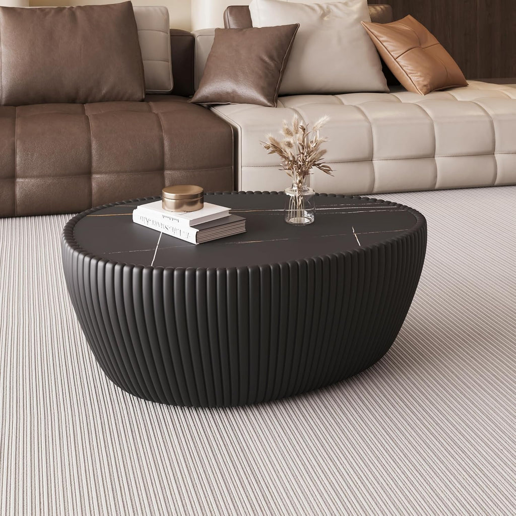 32'' Goose Egg Shaped Coffee Table, Black Sintered Stone Top with Unique Pattern & Leather Wrapped, Modern Side Sofa Table, No Assembly