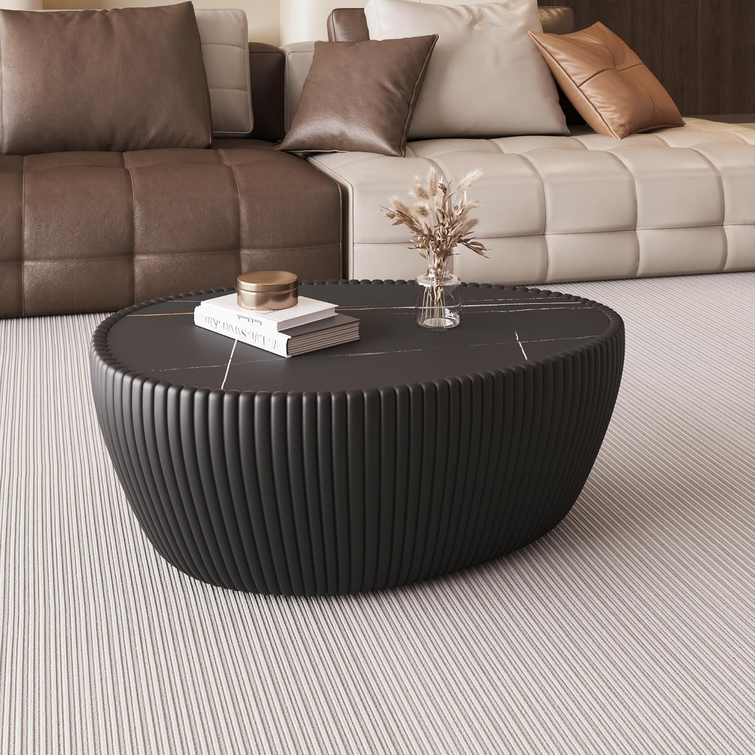 32'' Goose Egg Shaped Coffee Table, Black Sintered Stone Top with Unique Pattern & Leather Wrapped, Modern Side Sofa Table, No Assembly