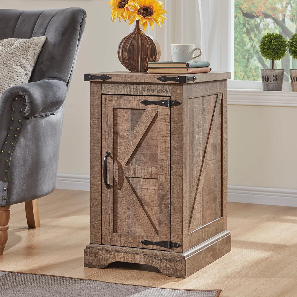 JXQTLINGMU Farmhouse Nightstand Set of 2 with Charging Station, 17'D Rectangular End Table with Barn Door & Adjustable Storage Shelf, Wood Rustic Sofa Side Table for Living Room, Bedroom, Light Brown