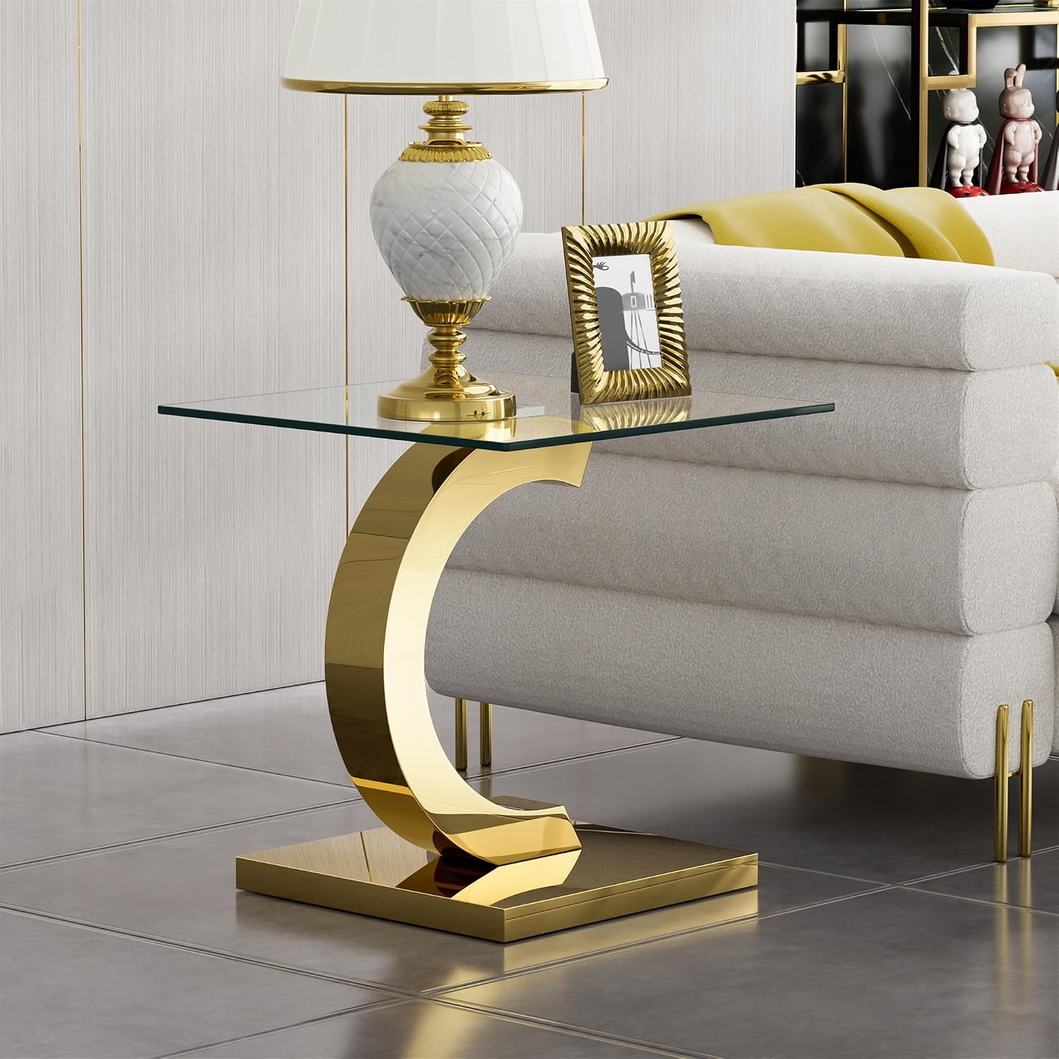 SSLine 1 Piece Living Room End Table Luxury Glass Side Table, Modern Gold End Table with C-Shape Stainless Steel Pedestal Base for Living Room Bedroom Office (1 End Table)