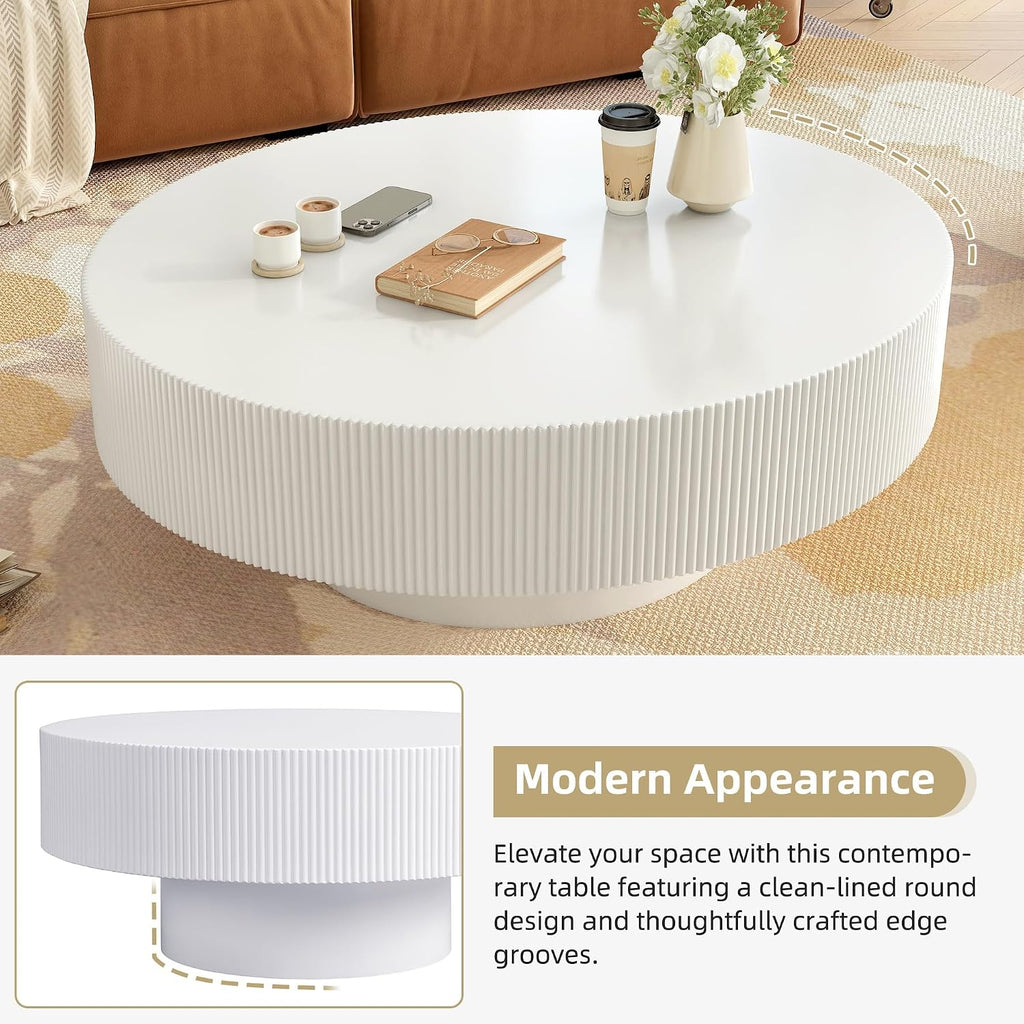 31.5' Round Coffee Table Modern White Fluted Coffee Table for Living Room Circle Drum Wood Center Tables Accent Cocktail Tea Tables for Living Room Apartment Office