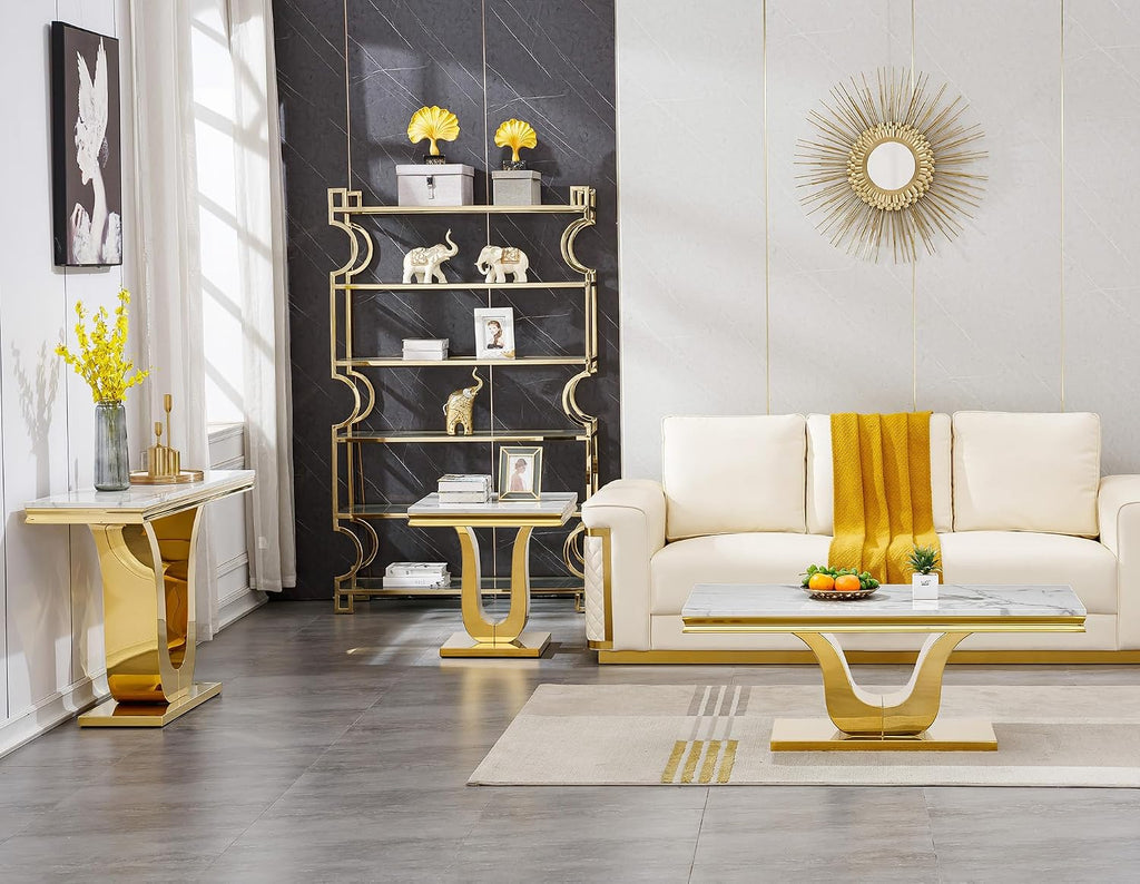 3 Pieces Living Room Table Set, Faux Marble Coffee Table Set of 3, Modern Coffee Table, Console Table and End Table with U-Shaped Stainless Steel Base for Living Room (White Gold)