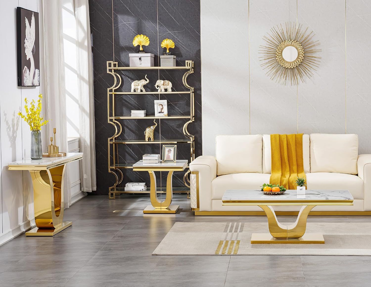 3 Pieces Living Room Table Set, Faux Marble Coffee Table Set of 3, Modern Coffee Table, Console Table and End Table with U-Shaped Stainless Steel Base for Living Room (White Gold)