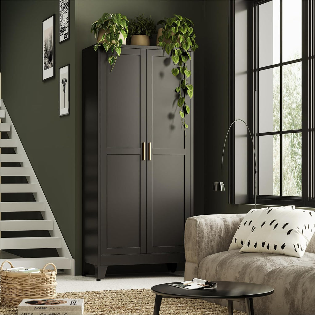 Bevivog Black Tall Bathroom Storage Cabinet, 71' Tall Utility Pantry Cabinets with Doors and Shelves, Metal Storage Cabinet for Garage Office Kitchen Pantry Laundry Room