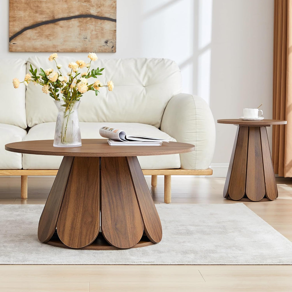 Round Coffee Table, Modern Farmhouse Wood Circle Center Table with Pedestal Base for Small Space, Living Room, Apartment, Walnut