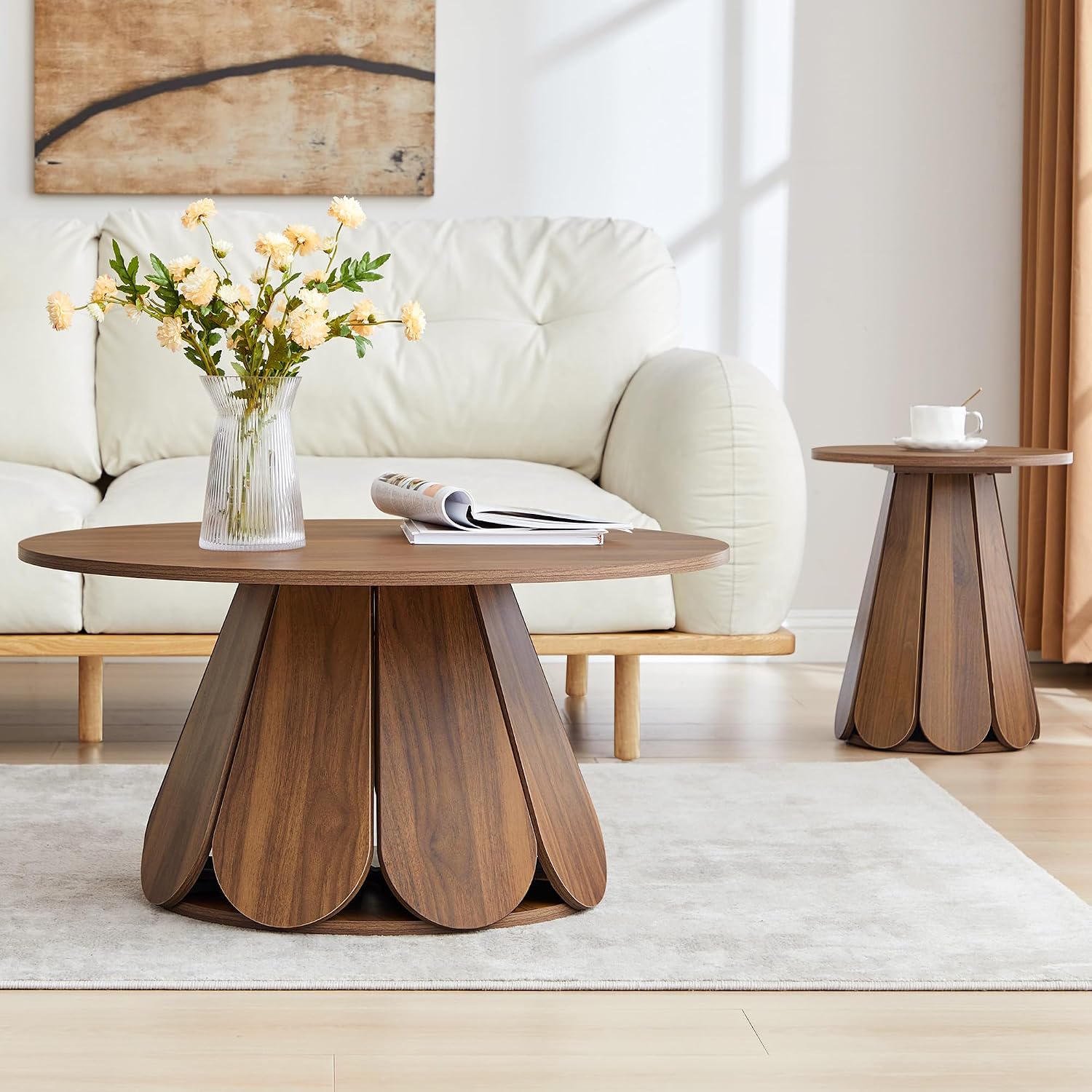Round Coffee Table, Modern Farmhouse Wood Circle Center Table with Pedestal Base for Small Space, Living Room, Apartment, Walnut