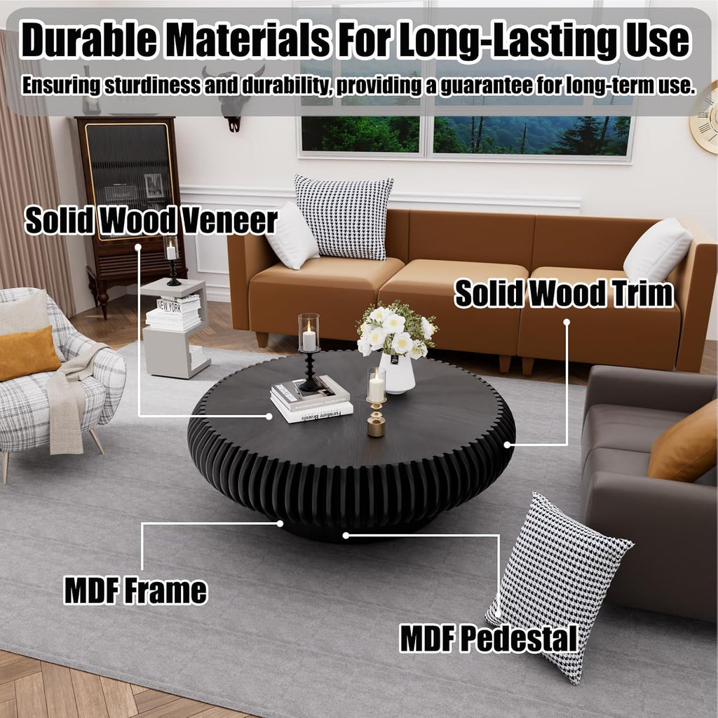 39.37' Round Drum Coffee Table, Modern Fluted Coffee Tables with Solid Wood Veneer, Wooden Circle Center Table for Living Room, Small Spaces, and Apartments, Easy Assembly