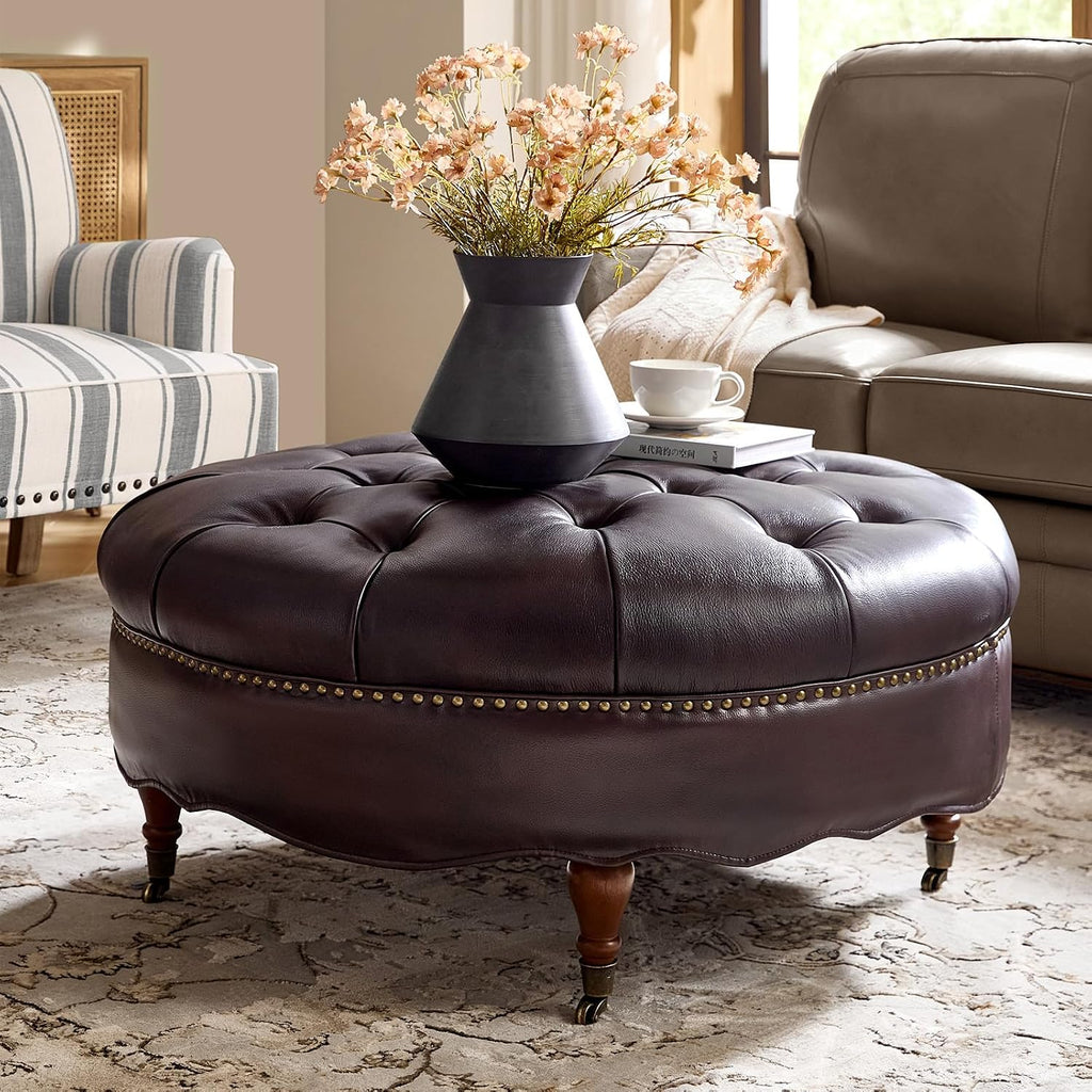 HULALA HOME 40' Genuine Leather Coffee Table, Large Round Button Tufted Coffee Table with Rolling Wheels, Solid Wood Legs, Nailhead Trim, Upholstered Ottoman Seating for Living Room, Espresso