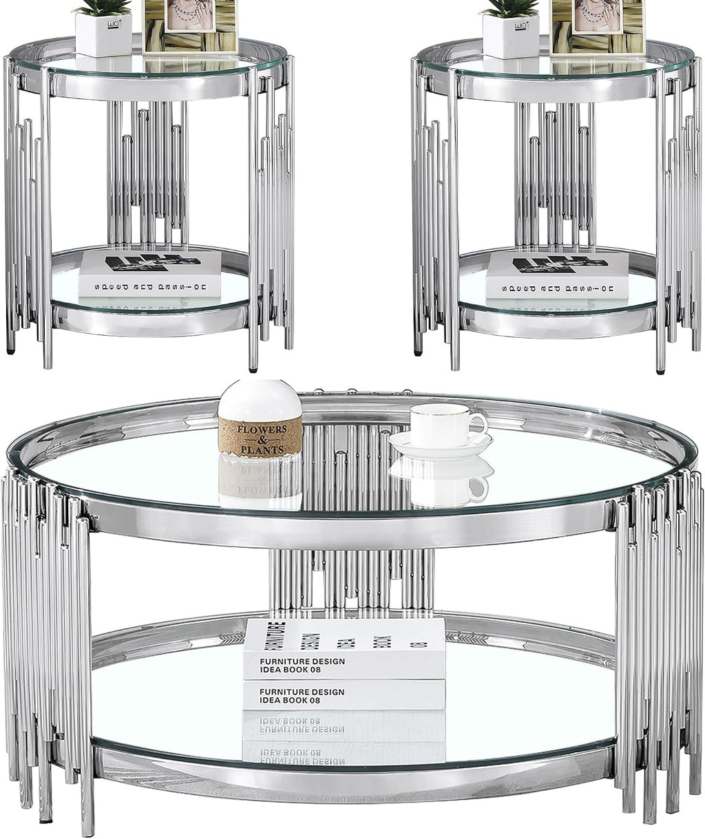 Luxury Glass Round Coffee Table Set of 3, Glass Circle Coffee Table and 2 Clear Glass End Table with Silver Stainless Steel Base, 3 Piece Living Room Coffee Table Set for Apartment Bedroom