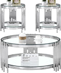 Luxury Glass Round Coffee Table Set of 3, Glass Circle Coffee Table and 2 Clear Glass End Table with Silver Stainless Steel Base, 3 Piece Living Room Coffee Table Set for Apartment Bedroom