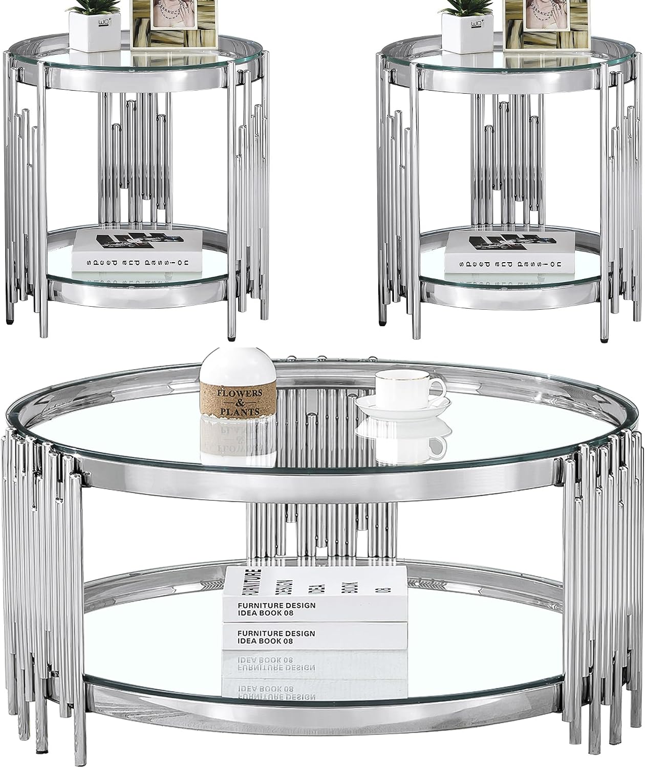 Luxury Glass Round Coffee Table Set of 3, Glass Circle Coffee Table and 2 Clear Glass End Table with Silver Stainless Steel Base, 3 Piece Living Room Coffee Table Set for Apartment Bedroom