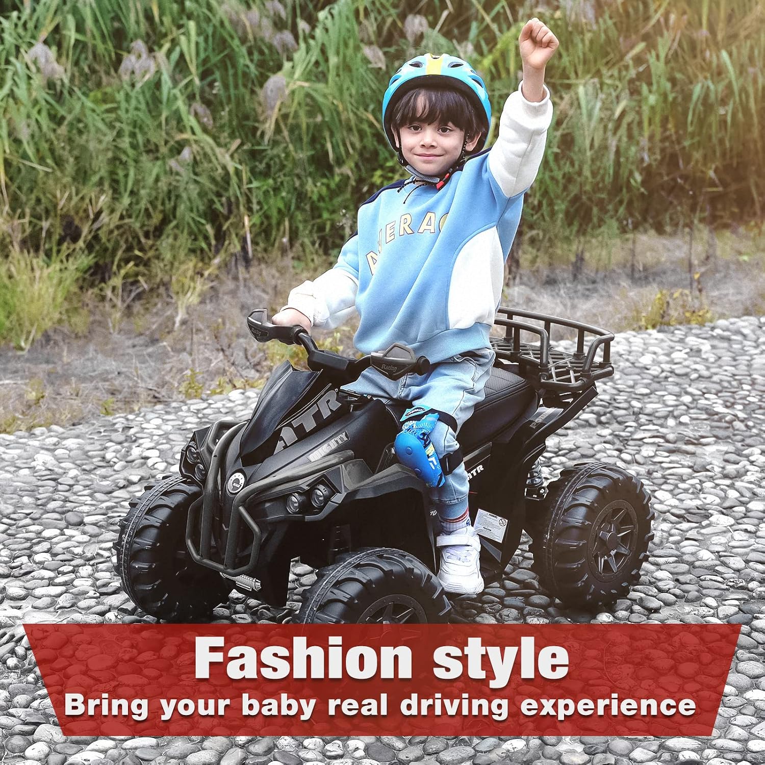 Soar 12V Ride On ATV for Kids Ages 3–6, Electric 4 Wheeler with LED Lights, Music Player, High/Low Speed, USB/TF, Treaded Tires, Black