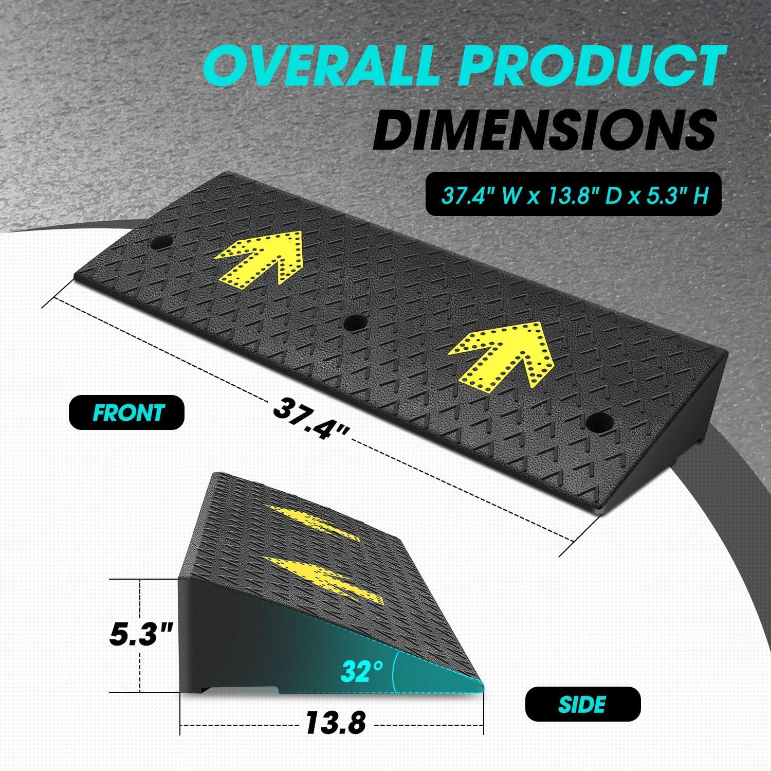 DNA Motoring 2pcs 5.3' Rise Rubber Arrow Curb Ramp Heavy Duty Loading Threshold Ramp 37.4' W x 13.8' D x 5.3' H for Loading Dock, Warehouse, Motorcycles, Cars, TOOLS-00651