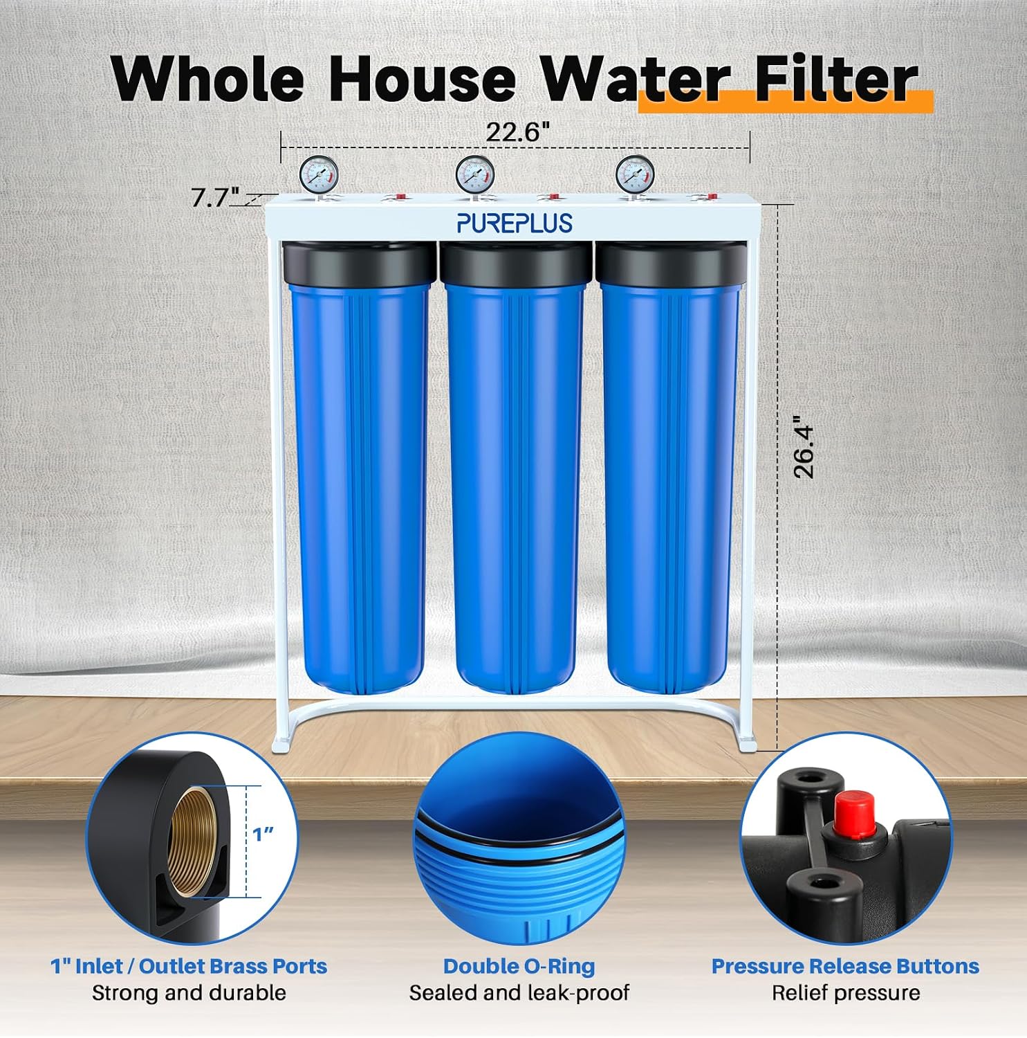 PUREPLUS 20-Inch 3-Stage Whole House Water Filter, Home Filtration System | Sediment, Granular Activated Carbon, Carbon Block Filters | Built-in Pressure Gauges, with Steel Stand Frame