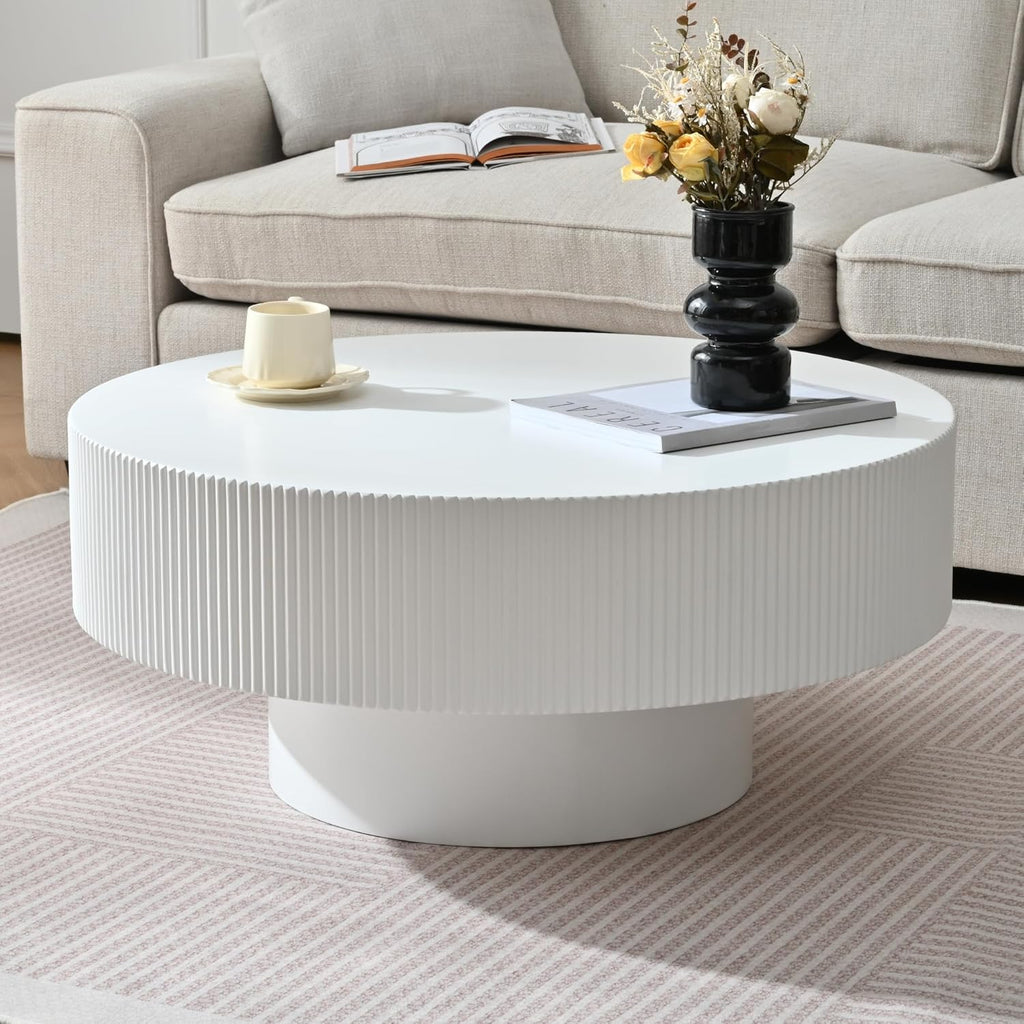 31.5'' White Round Coffee Table Modern Wood Coffee Table for Living Room, Contemporary Circle Fluted Drum Pedestal Style, Easy Assembly, White