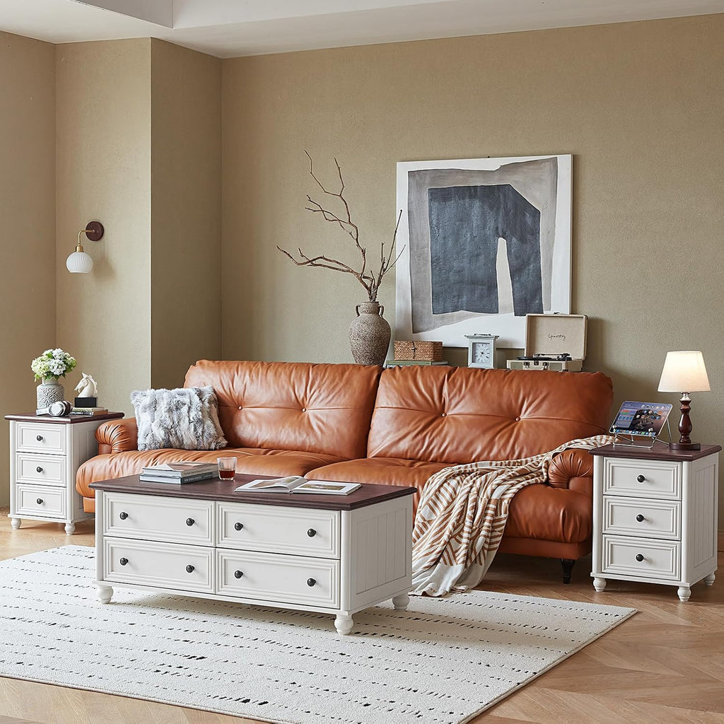 RWYHG Farmhouse Coffee Table & Night Stand Set of 3, Wood 54'' Wide Center Table & 18'' Chest of Drawers, Roman Column 3 Drawers Nightstand Set of 2, Living Room Furniture Coffee Tables Suites White
