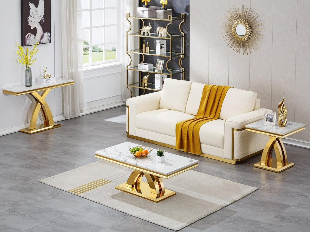 47in White Gold Coffee Table, Modern Faux Marble Coffee Table Living Room Table with Double X-Shaped Stainless Steel Base,Rectangle Marble Coffee Cocktail Table Center Table for Home&Office