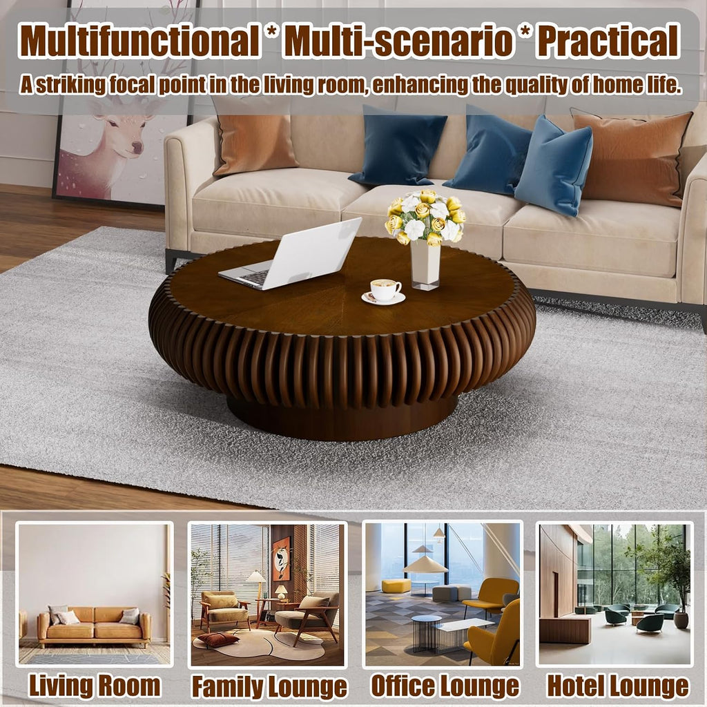 39.37' Round Drum Coffee Table, Modern Fluted Coffee Tables with Solid Wood Veneer, Wooden Circle Center Table for Living Room, Small Spaces, and Apartments, Easy Assembly