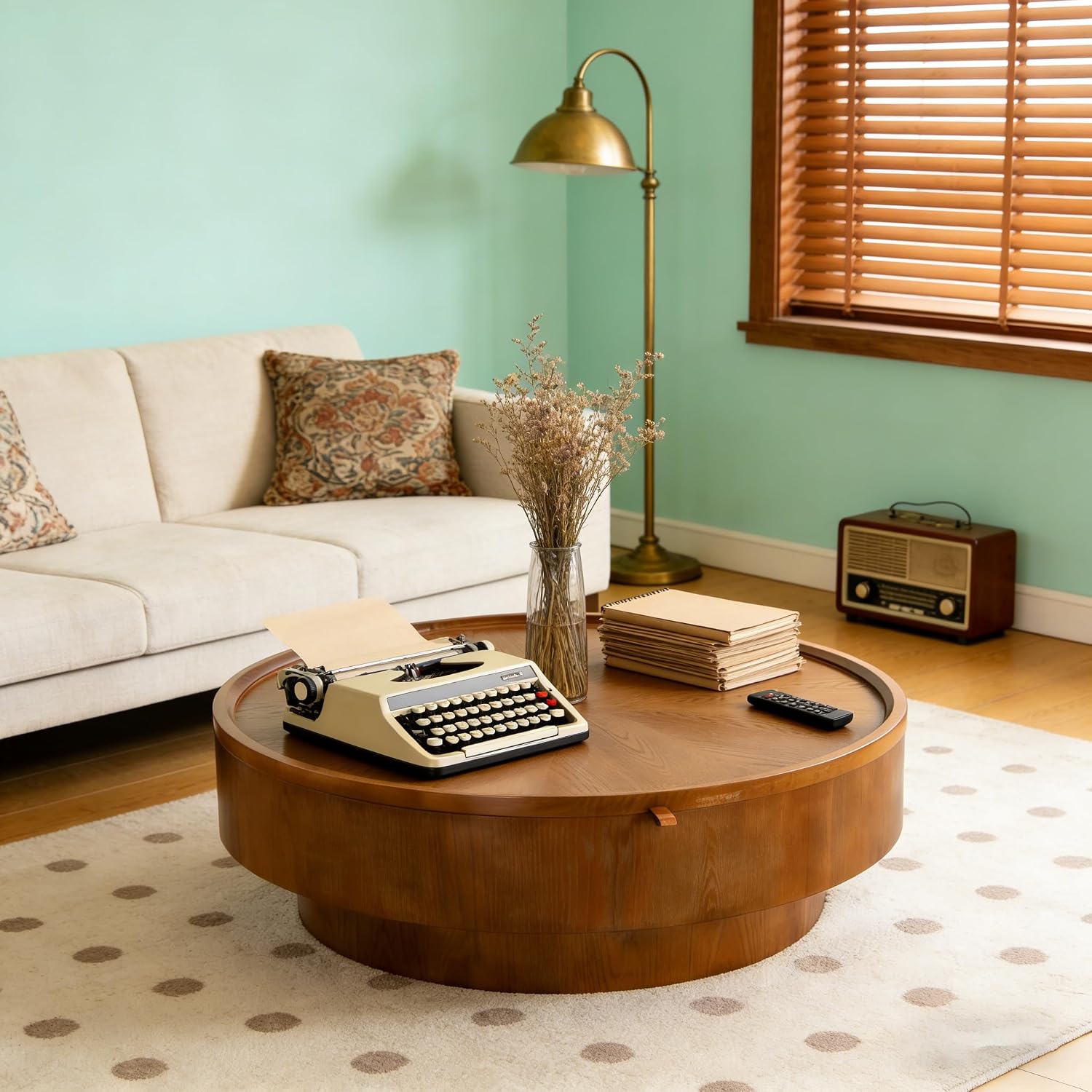 Round Wood Veneer Coffee Table with Storage, 39' Round Fluted Coffee Table with Flip-Top Lid Mid Century Modern Low Circle Drum Coffee Tables for Living Room (Brown A, 39 inch)
