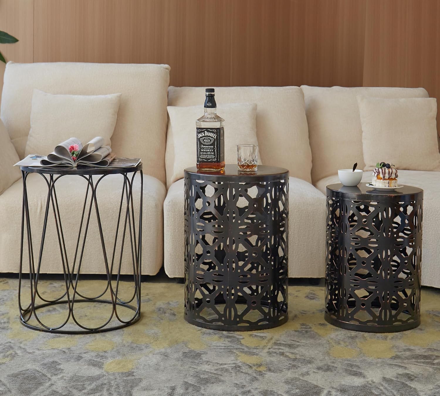 HFHOME Set of 3 Metal Outdoor Side Table, Nesting Round Coffee Table for Indoor Outdoor, Heavy Duty End Tables Plant Stand Living Room Garden Stool - Bronze