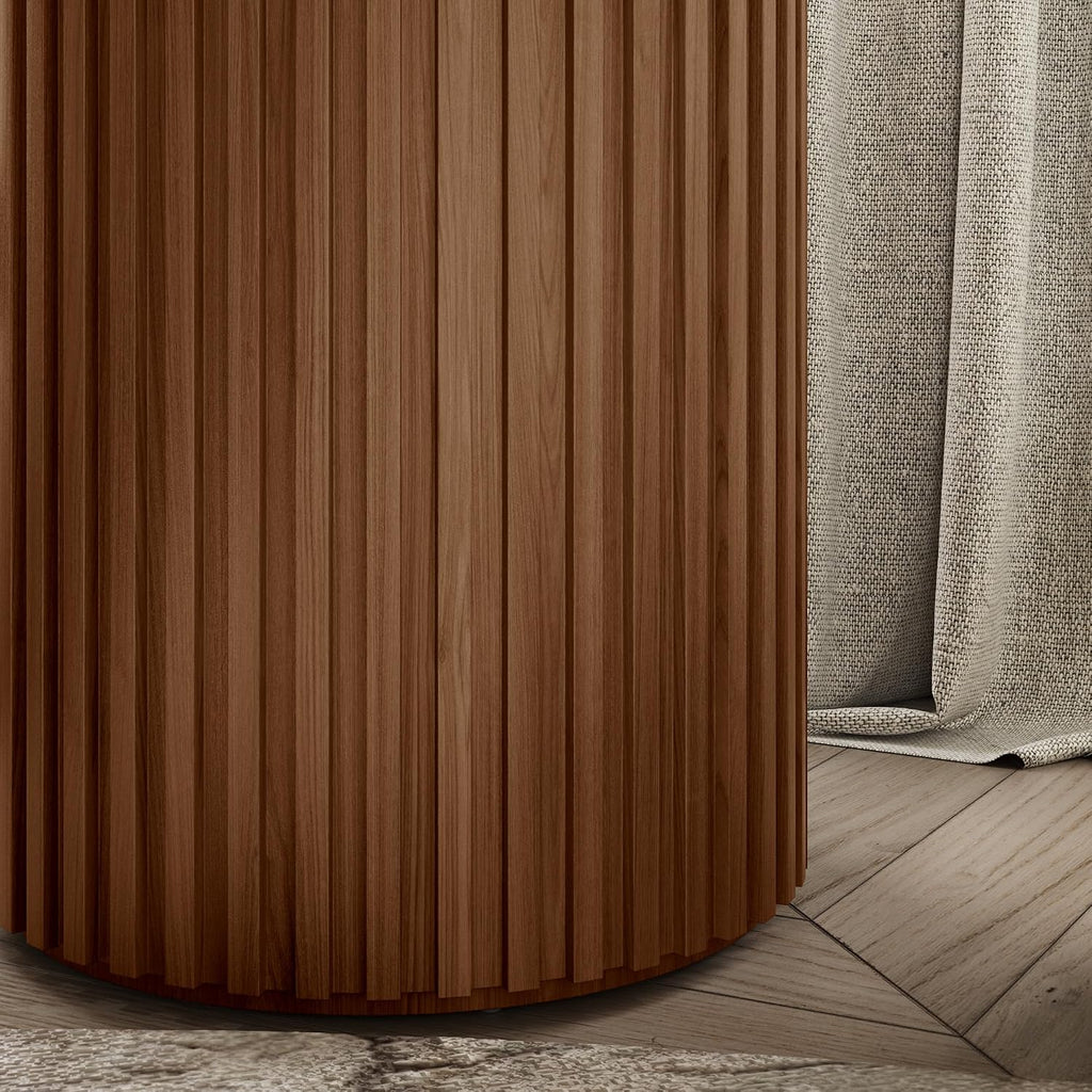 POVISON Round Coffee Side Table, Mid Century Wood End Table, Fluted Side Table for Living Room Bedroom Office, 20.08', Light Walnut