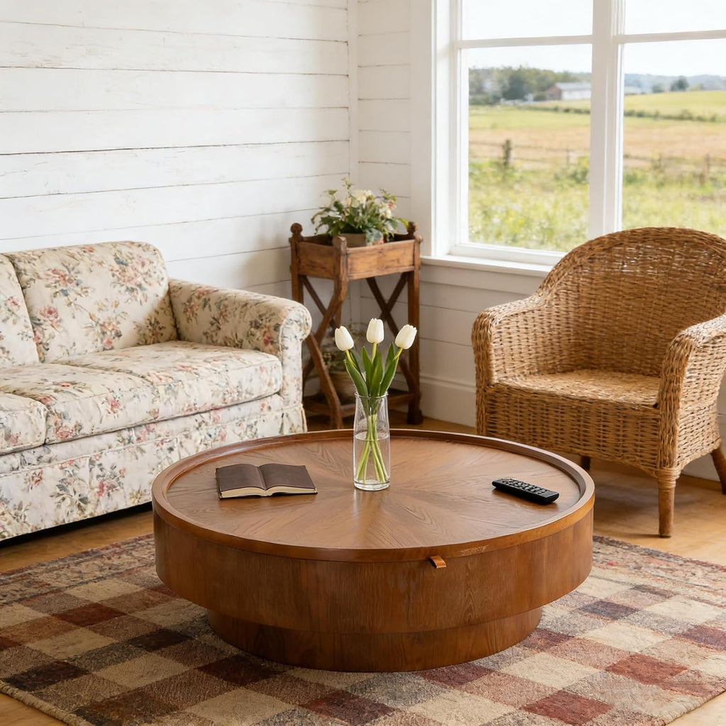 Round Wood Veneer Coffee Table with Storage, 39' Round Fluted Coffee Table with Flip-Top Lid Mid Century Modern Low Circle Drum Coffee Tables for Living Room (Brown A, 39 inch)
