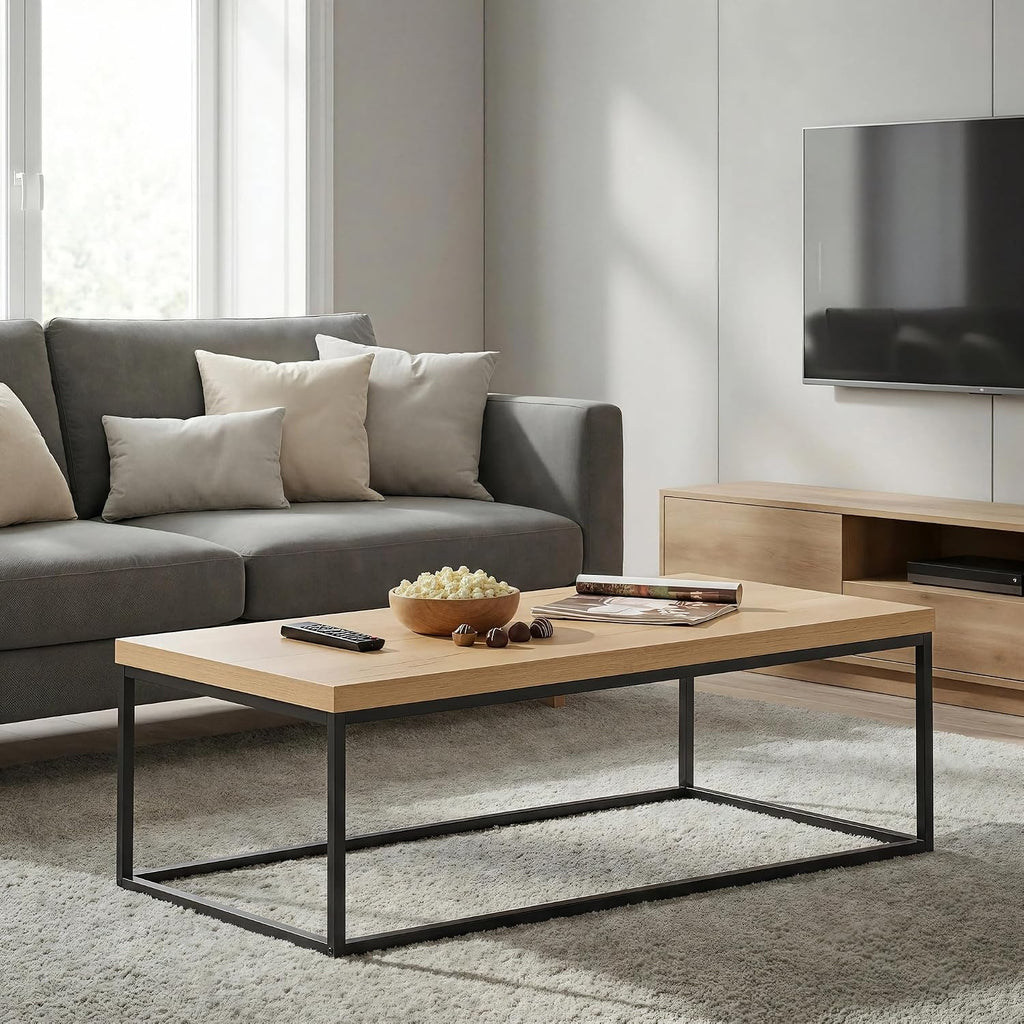 CENSI 47 Inch Oak Coffee Table for Living Room, Modern Industrial Center Table with Extra Thick 40mm Wood Top, Natural White Oak Finish, Rectangle Cocktail Table