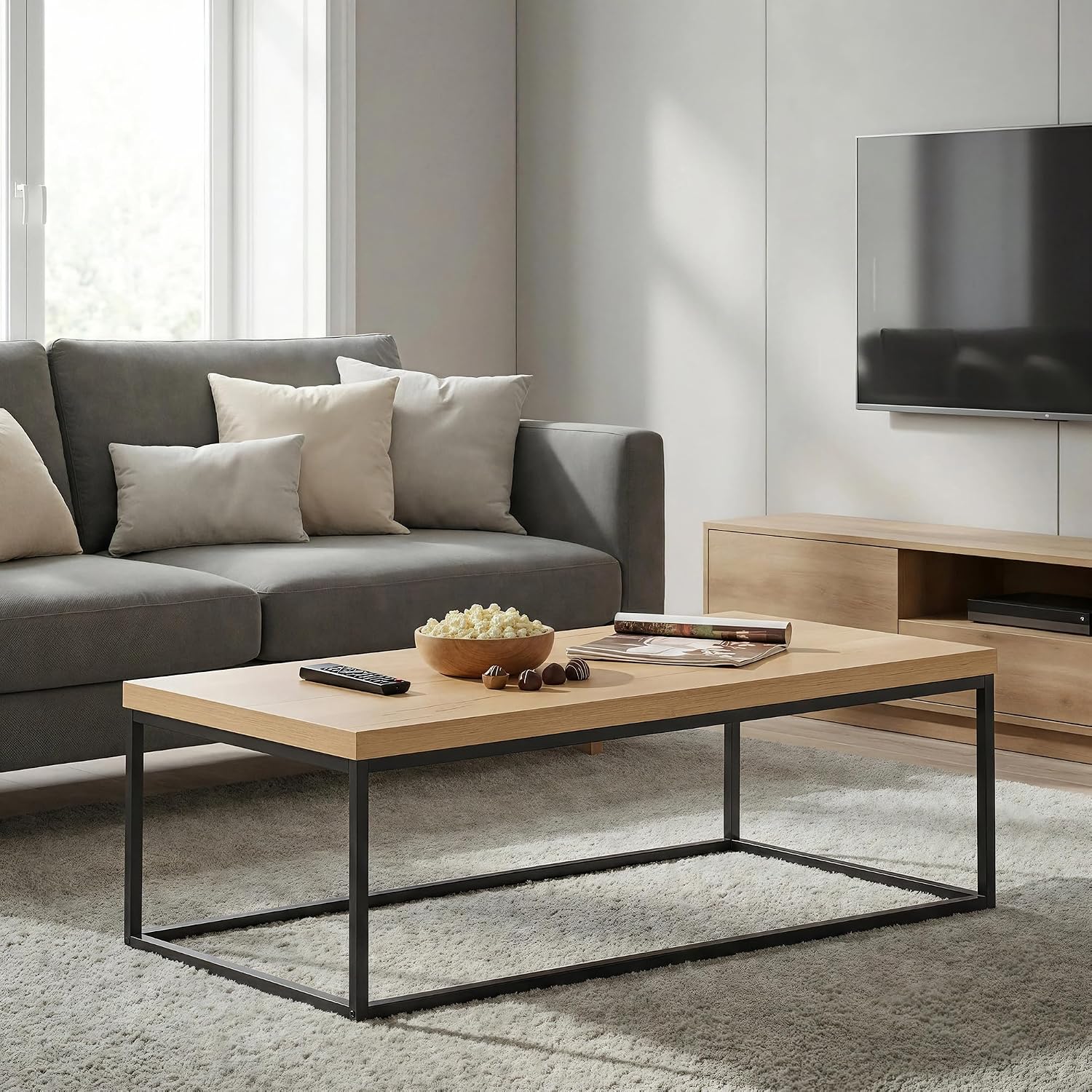 CENSI 47 Inch Oak Coffee Table for Living Room, Modern Industrial Center Table with Extra Thick 40mm Wood Top, Natural White Oak Finish, Rectangle Cocktail Table