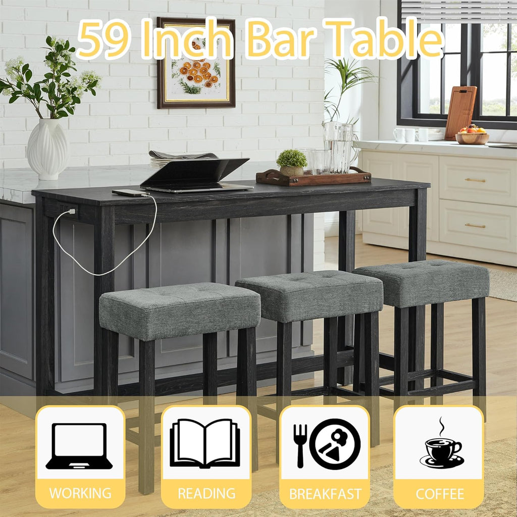 Merax 59' Bar Table Set with Power Outlet,Industrial Breakfast Table with 3 Upholstered Stools w/Footrest,4 Piece Counter Height Bar Table and Chair Set for Living Room,Dining Room,Kitchen,Black
