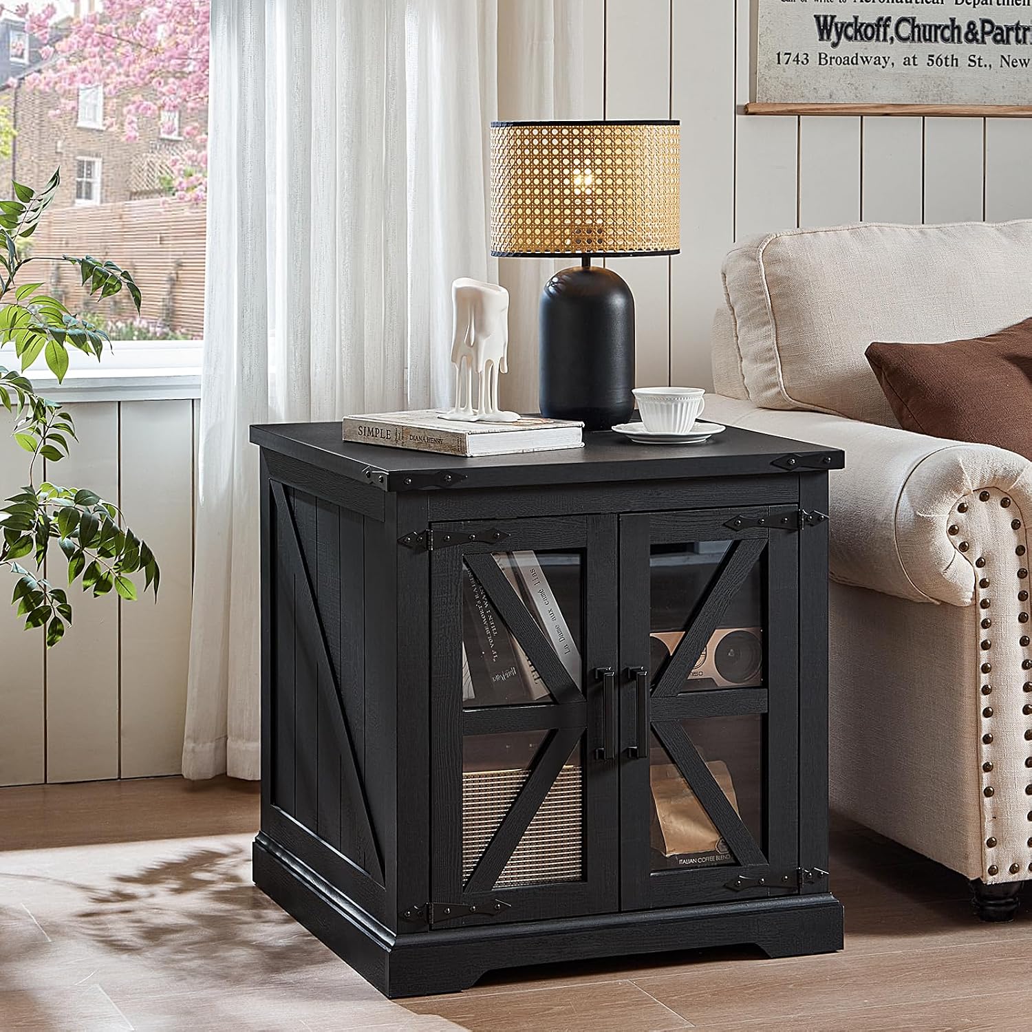 Joaxswe 24' End Table Set of 2 with Charging Station, Farmhouse Night Stand with Glass Barn Door, Nightstands with Adjustable Storage Shelf, Large Wood Square Bed Side Table for Living Room,Bedroom