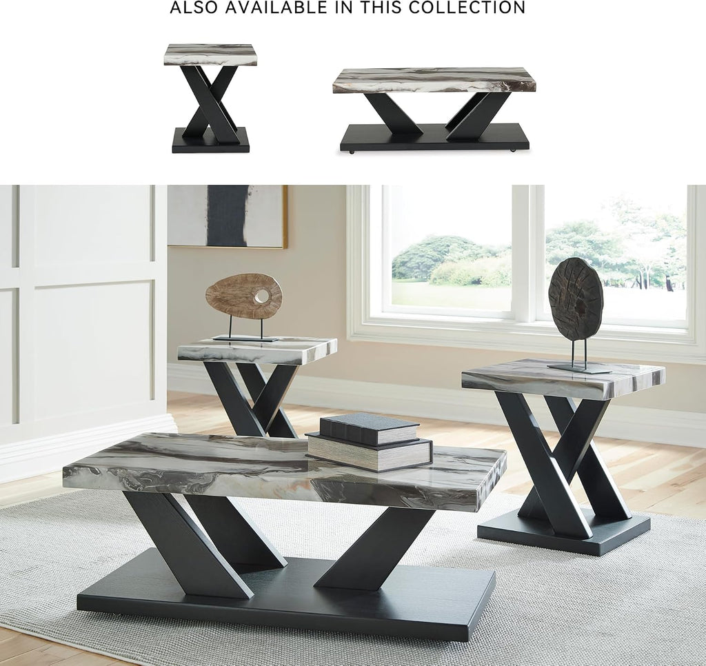 Signature Design by Ashley Cendill Contemporary Faux Marble Table with Casters, Set of 3, White & Black