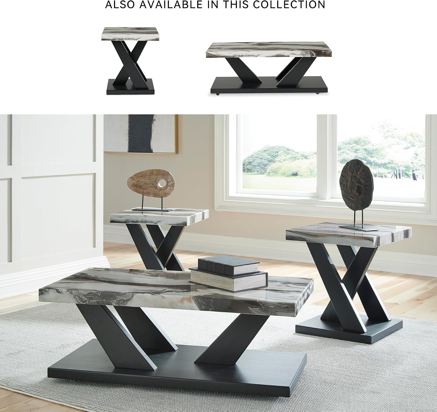 Signature Design by Ashley Cendill Contemporary Faux Marble Table with Casters, Set of 3, White & Black