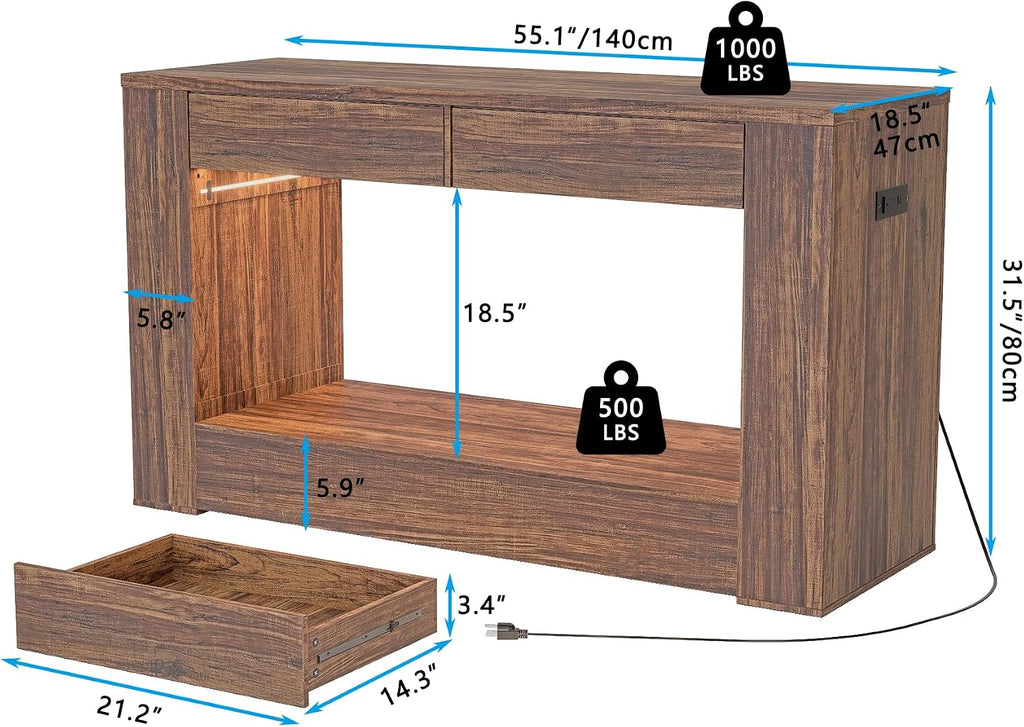 55–75/90 Gallon Aquarium Stand,Heavy-Duty 48' Turtle Reptile Fish Tank Stand With Storage Drawers, Reinforced Metal Frame, LED Lighting, Power Outlets (Rustic Brown)