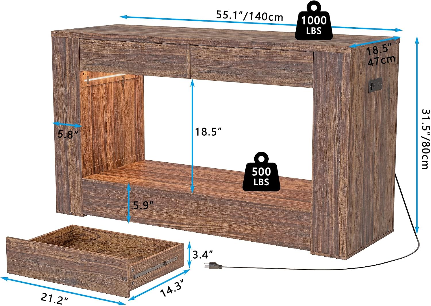 55–75/90 Gallon Aquarium Stand,Heavy-Duty 48' Turtle Reptile Fish Tank Stand With Storage Drawers, Reinforced Metal Frame, LED Lighting, Power Outlets (Rustic Brown)