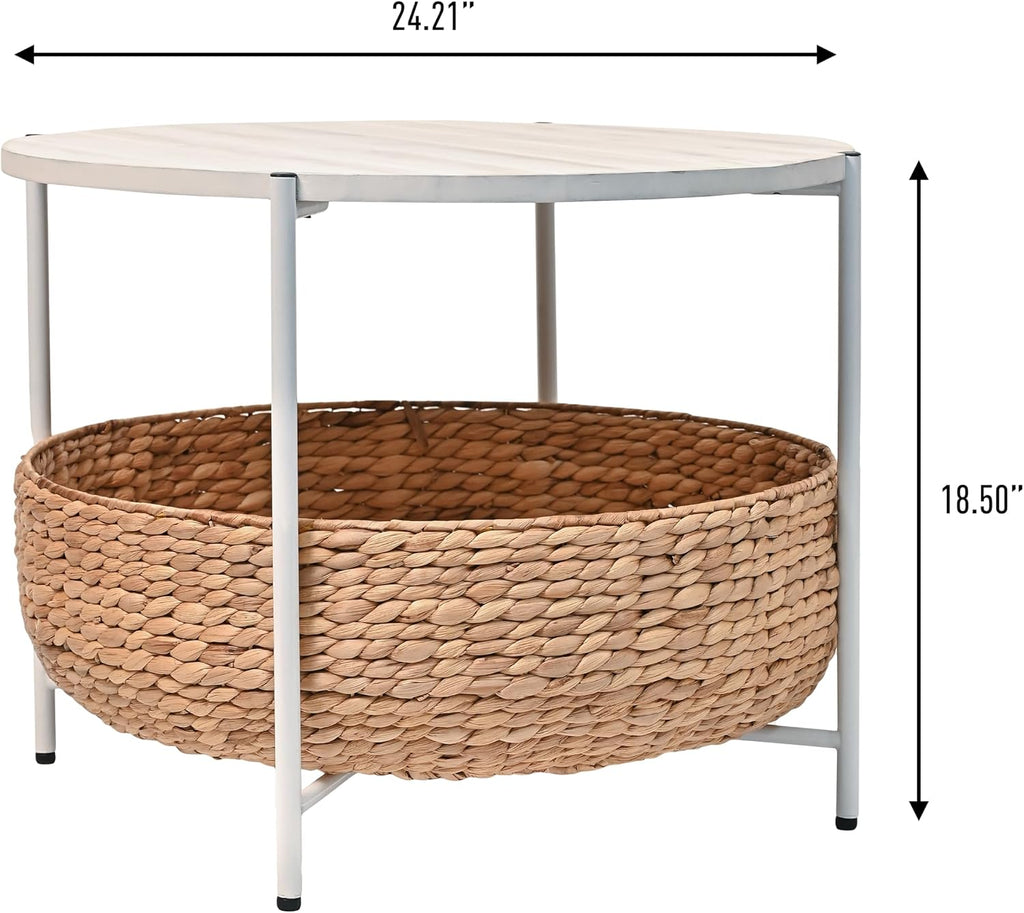happimess SAT2000C Carly 24.21' Modern Coastal Round Acacia Wood/Water Hyacinth Coffee Table with Storage Basket, Table for Living Room and Bedroom, Natural/White