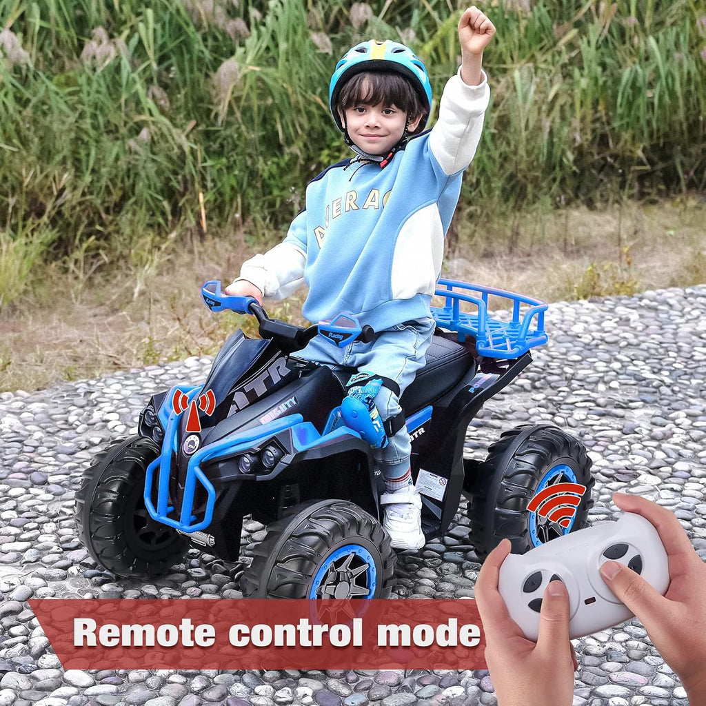 Soar Remote Control Four Wheeler for - Electirc Toddler 4 Wheeler for 3-6, Ride on ATV 12v Battery Powered, Kids Quad with LED Lights, Music, High Low Speed, USB/TF, Treaded Tires, Blue