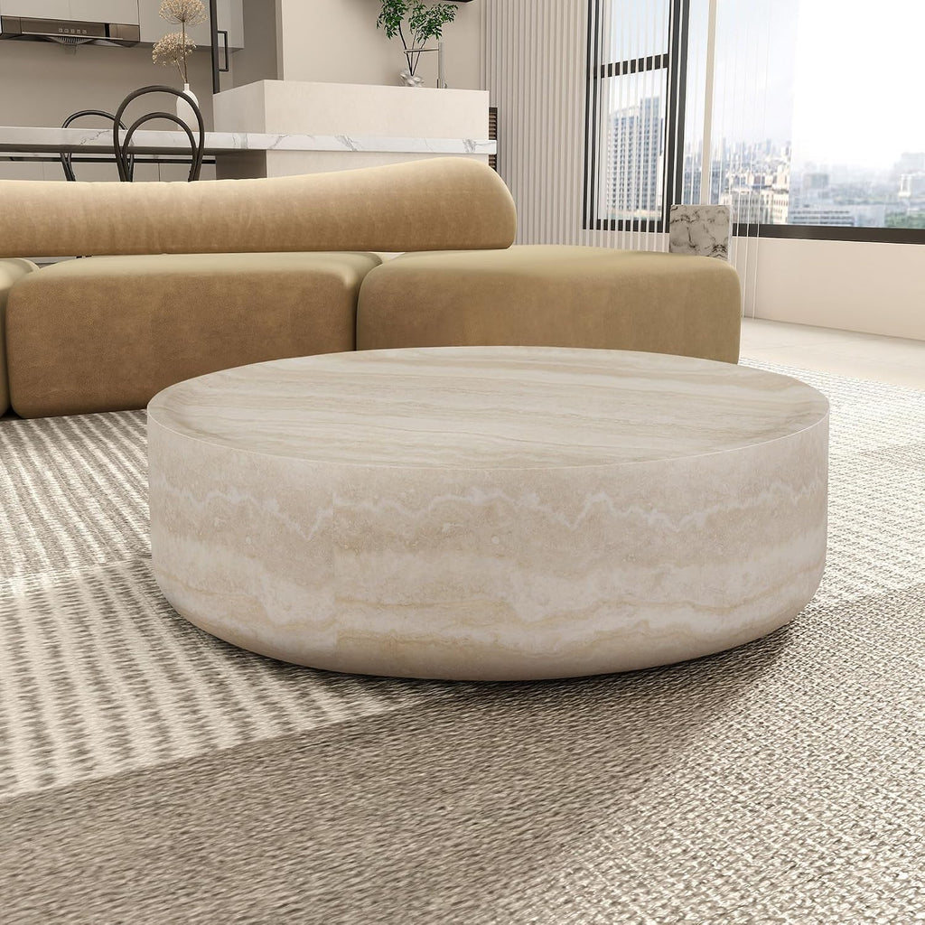 Round Mars Pattern Coffee Table for Living Room Modern Faux Stone Coffee Tables for Apartment, No Need Assembly, Fiberglass Material Faux Travertine Textured Marble Pattern (ø35.43' x 12')