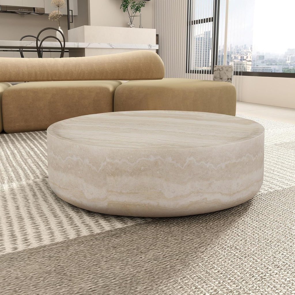 Round Mars Pattern Faux Marble Coffee Table, Modern Drum End Table for Living Room, No Assembly Required, Fiberglass Circle Coffee Table for Apartment (ø39.37' x 12')